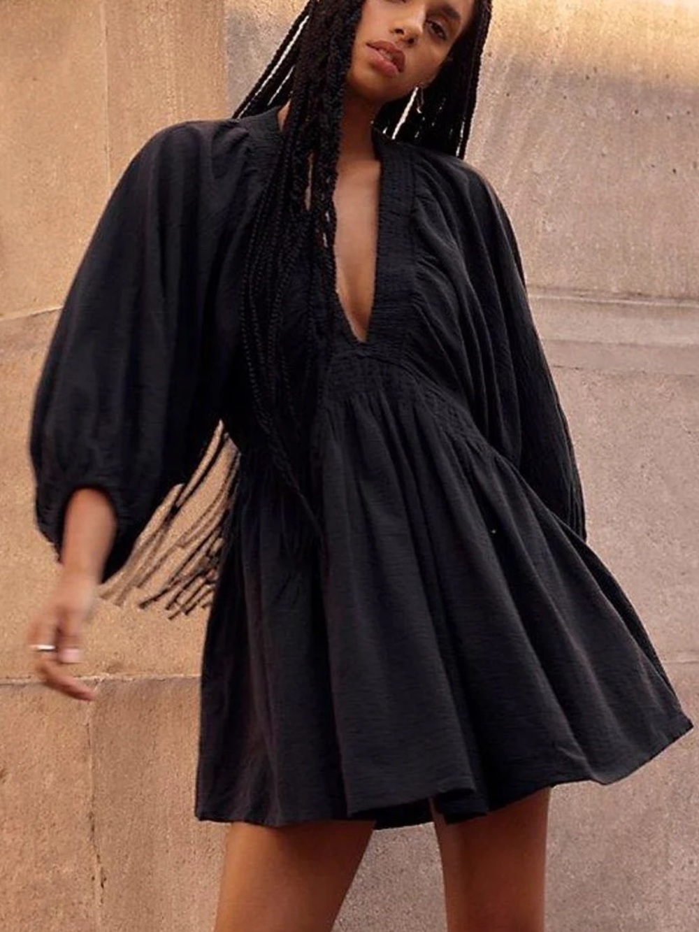 Free People For the Moment Mini Dress Black Long Sleeve Plunge Neckline